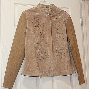 COLDWATER CREEK Suede Leather Ribbed Knit Sleeves Zip Crew Neck Jacket Sz. XL